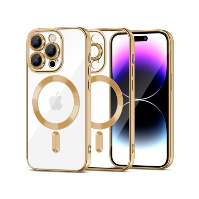 Husa iPhone 15 Pro Max, Magshine Magsafe, Transparenta Cu Margine Gold